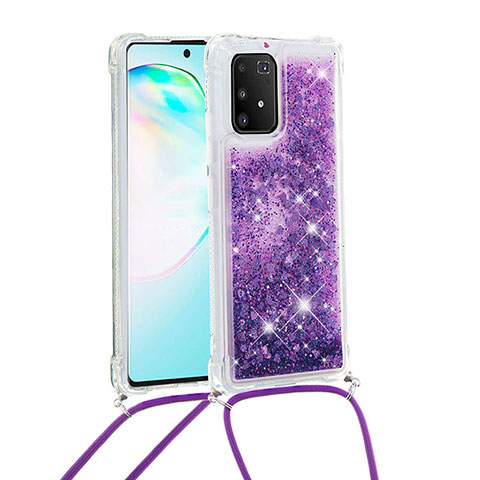 Custodia Silicone Cover Morbida Bling-Bling con Cinghia Cordino Mano S03 per Samsung Galaxy A91 Viola