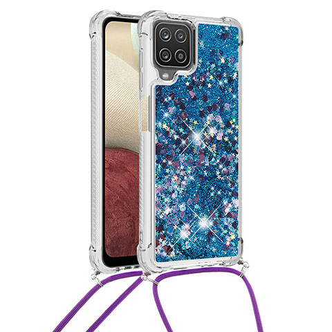 Custodia Silicone Cover Morbida Bling-Bling con Cinghia Cordino Mano S03 per Samsung Galaxy F12 Blu