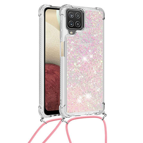 Custodia Silicone Cover Morbida Bling-Bling con Cinghia Cordino Mano S03 per Samsung Galaxy F12 Rosa