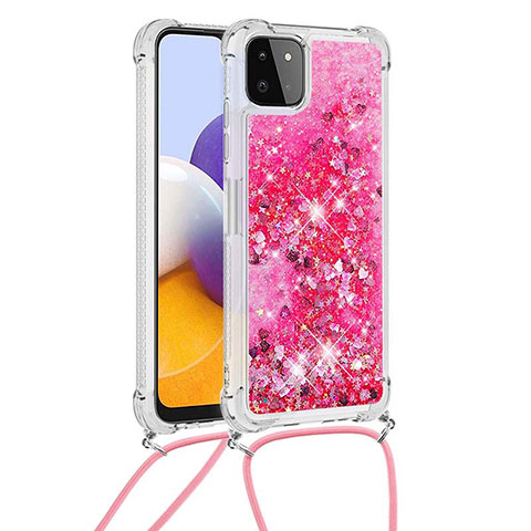 Custodia Silicone Cover Morbida Bling-Bling con Cinghia Cordino Mano S03 per Samsung Galaxy F42 5G Rosa Caldo