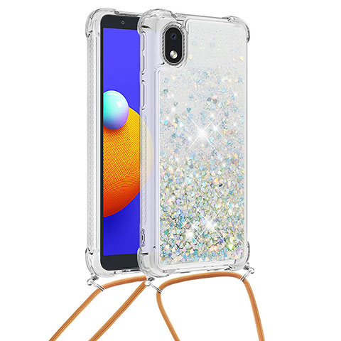 Custodia Silicone Cover Morbida Bling-Bling con Cinghia Cordino Mano S03 per Samsung Galaxy M01 Core Argento