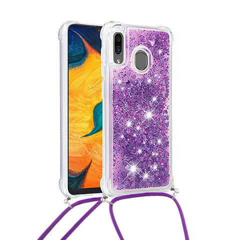 Custodia Silicone Cover Morbida Bling-Bling con Cinghia Cordino Mano S03 per Samsung Galaxy M10S Viola