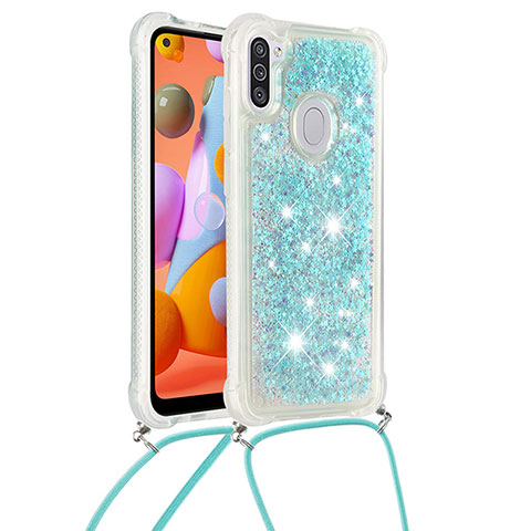 Custodia Silicone Cover Morbida Bling-Bling con Cinghia Cordino Mano S03 per Samsung Galaxy M11 Cielo Blu