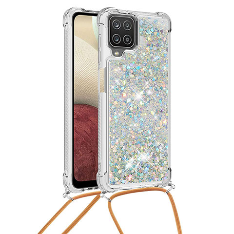 Custodia Silicone Cover Morbida Bling-Bling con Cinghia Cordino Mano S03 per Samsung Galaxy M12 Argento