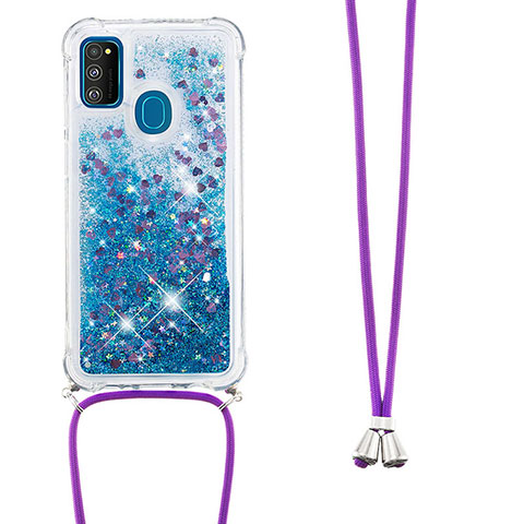 Custodia Silicone Cover Morbida Bling-Bling con Cinghia Cordino Mano S03 per Samsung Galaxy M21 Blu