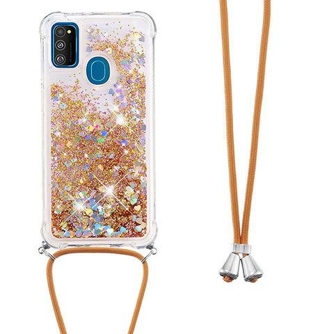 Custodia Silicone Cover Morbida Bling-Bling con Cinghia Cordino Mano S03 per Samsung Galaxy M21 Oro