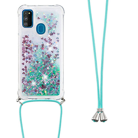 Custodia Silicone Cover Morbida Bling-Bling con Cinghia Cordino Mano S03 per Samsung Galaxy M21 Verde