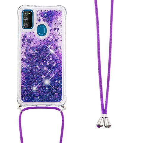 Custodia Silicone Cover Morbida Bling-Bling con Cinghia Cordino Mano S03 per Samsung Galaxy M21 Viola