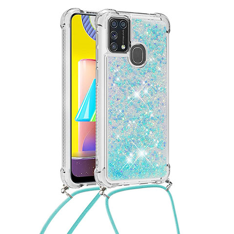 Custodia Silicone Cover Morbida Bling-Bling con Cinghia Cordino Mano S03 per Samsung Galaxy M21s Cielo Blu