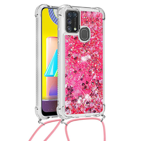 Custodia Silicone Cover Morbida Bling-Bling con Cinghia Cordino Mano S03 per Samsung Galaxy M21s Rosa Caldo