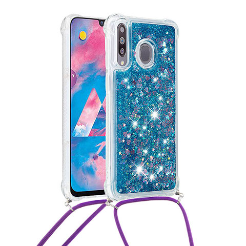 Custodia Silicone Cover Morbida Bling-Bling con Cinghia Cordino Mano S03 per Samsung Galaxy M30 Blu