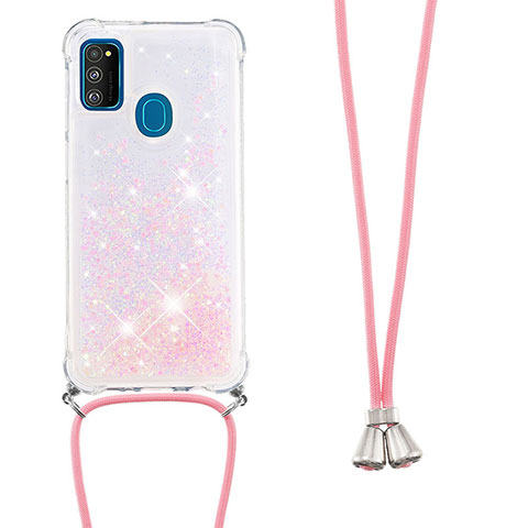 Custodia Silicone Cover Morbida Bling-Bling con Cinghia Cordino Mano S03 per Samsung Galaxy M30s Rosa