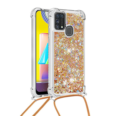 Custodia Silicone Cover Morbida Bling-Bling con Cinghia Cordino Mano S03 per Samsung Galaxy M31 Prime Edition Oro