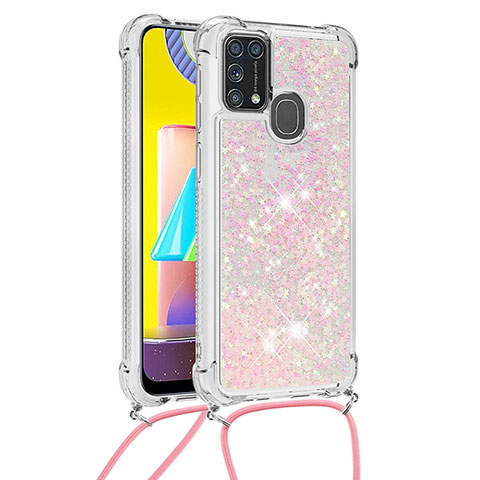 Custodia Silicone Cover Morbida Bling-Bling con Cinghia Cordino Mano S03 per Samsung Galaxy M31 Rosa