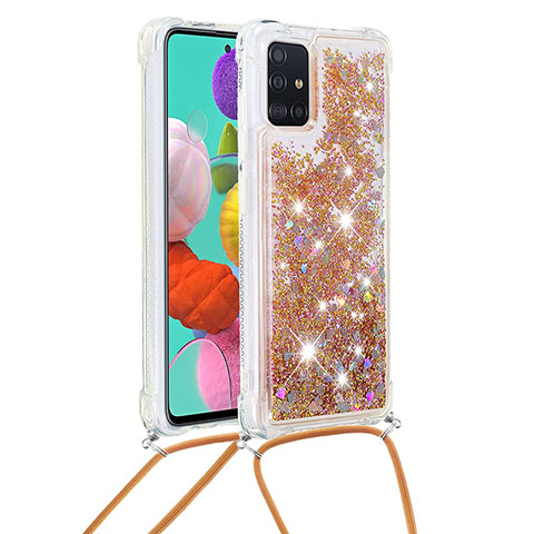 Custodia Silicone Cover Morbida Bling-Bling con Cinghia Cordino Mano S03 per Samsung Galaxy M40S Oro