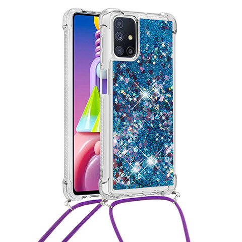 Custodia Silicone Cover Morbida Bling-Bling con Cinghia Cordino Mano S03 per Samsung Galaxy M51 Blu