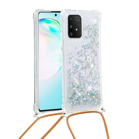 Custodia Silicone Cover Morbida Bling-Bling con Cinghia Cordino Mano S03 per Samsung Galaxy M80S Argento