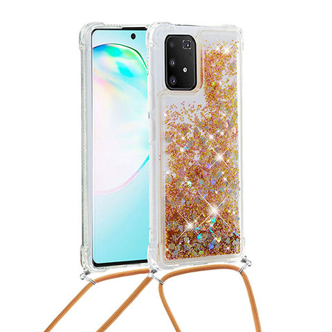 Custodia Silicone Cover Morbida Bling-Bling con Cinghia Cordino Mano S03 per Samsung Galaxy M80S Oro