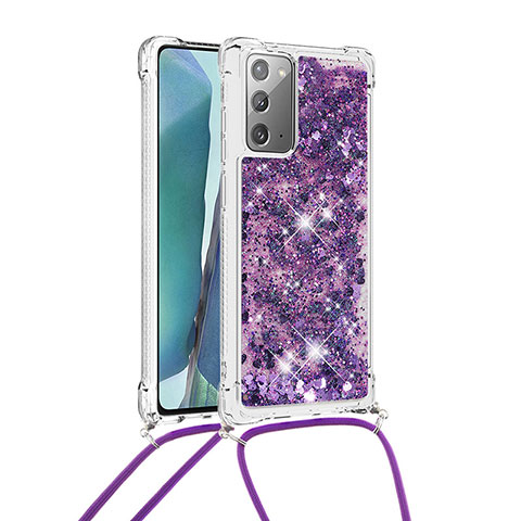 Custodia Silicone Cover Morbida Bling-Bling con Cinghia Cordino Mano S03 per Samsung Galaxy Note 20 5G Viola