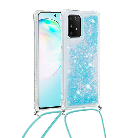 Custodia Silicone Cover Morbida Bling-Bling con Cinghia Cordino Mano S03 per Samsung Galaxy S10 Lite Cielo Blu