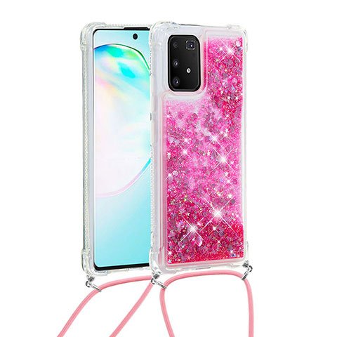 Custodia Silicone Cover Morbida Bling-Bling con Cinghia Cordino Mano S03 per Samsung Galaxy S10 Lite Rosa Caldo