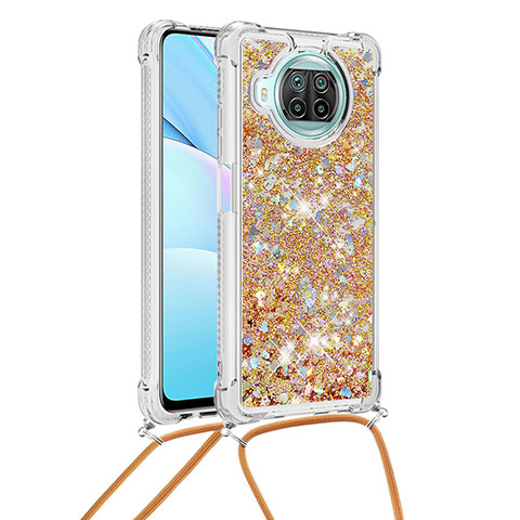 Custodia Silicone Cover Morbida Bling-Bling con Cinghia Cordino Mano S03 per Xiaomi Mi 10i 5G Oro