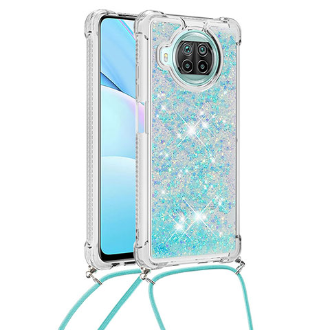 Custodia Silicone Cover Morbida Bling-Bling con Cinghia Cordino Mano S03 per Xiaomi Mi 10T Lite 5G Cielo Blu