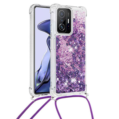 Custodia Silicone Cover Morbida Bling-Bling con Cinghia Cordino Mano S03 per Xiaomi Mi 11T 5G Viola