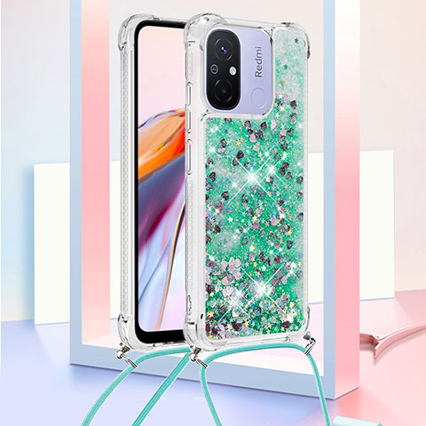 Custodia Silicone Cover Morbida Bling-Bling con Cinghia Cordino Mano S03 per Xiaomi Poco C55 Verde