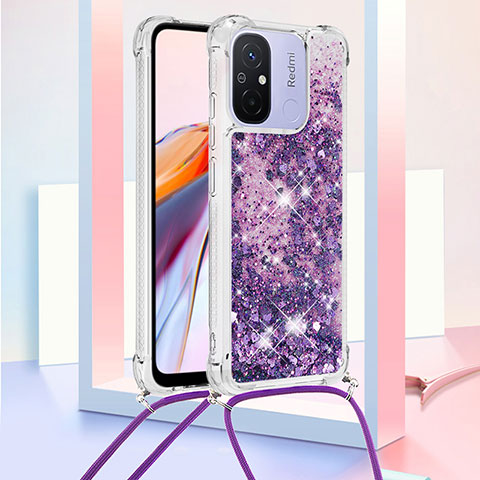 Custodia Silicone Cover Morbida Bling-Bling con Cinghia Cordino Mano S03 per Xiaomi Poco C55 Viola