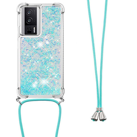 Custodia Silicone Cover Morbida Bling-Bling con Cinghia Cordino Mano S03 per Xiaomi Poco F5 Pro 5G Cielo Blu