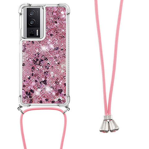 Custodia Silicone Cover Morbida Bling-Bling con Cinghia Cordino Mano S03 per Xiaomi Poco F5 Pro 5G Lavanda