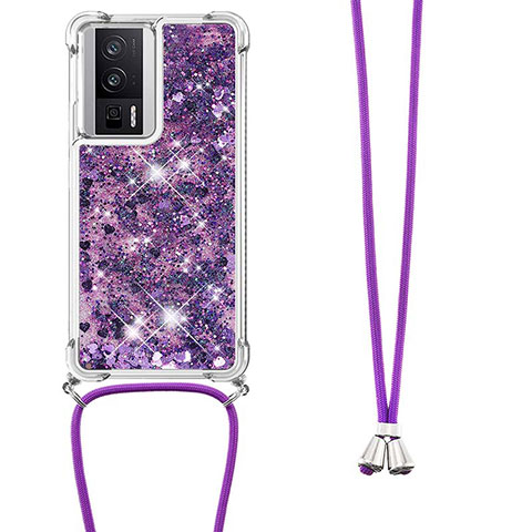 Custodia Silicone Cover Morbida Bling-Bling con Cinghia Cordino Mano S03 per Xiaomi Poco F5 Pro 5G Viola