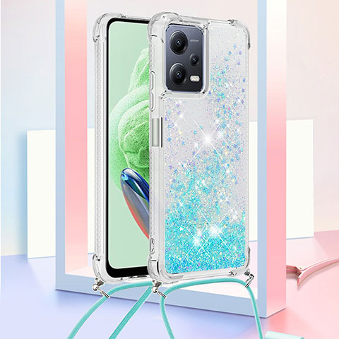Custodia Silicone Cover Morbida Bling-Bling con Cinghia Cordino Mano S03 per Xiaomi Poco X5 5G Cielo Blu