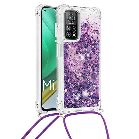 Custodia Silicone Cover Morbida Bling-Bling con Cinghia Cordino Mano S03 per Xiaomi Redmi K30S 5G Viola