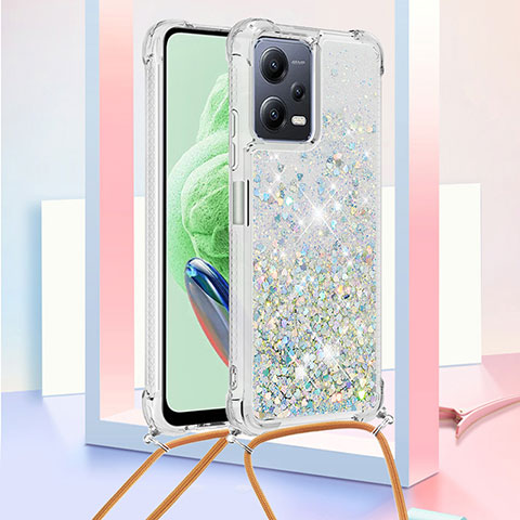 Custodia Silicone Cover Morbida Bling-Bling con Cinghia Cordino Mano S03 per Xiaomi Redmi Note 12 5G Azzurro