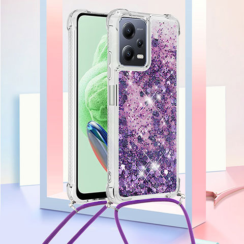 Custodia Silicone Cover Morbida Bling-Bling con Cinghia Cordino Mano S03 per Xiaomi Redmi Note 12 5G Viola