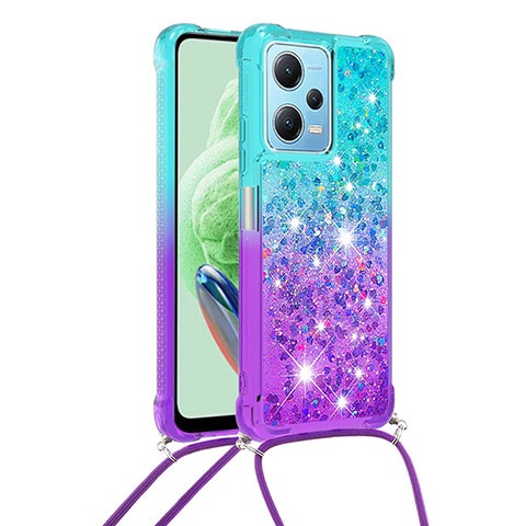 Custodia Silicone Cover Morbida Bling-Bling con Cinghia Cordino Mano YB1 per Xiaomi Redmi Note 12 5G Cielo Blu