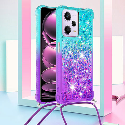 Custodia Silicone Cover Morbida Bling-Bling con Cinghia Cordino Mano YB1 per Xiaomi Redmi Note 12 Pro 5G Cielo Blu