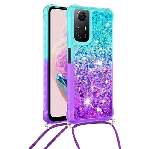 Custodia Silicone Cover Morbida Bling-Bling con Cinghia Cordino Mano YB1 per Xiaomi Redmi Note 12S Cielo Blu