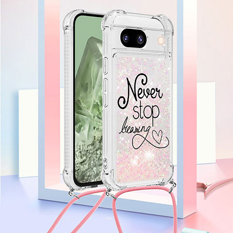 Custodia Silicone Cover Morbida Bling-Bling con Cinghia Cordino Mano YB2 per Google Pixel 8a 5G Rosa