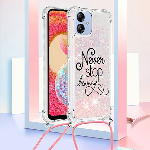 Custodia Silicone Cover Morbida Bling-Bling con Cinghia Cordino Mano YB2 per Samsung Galaxy A04 4G Rosa