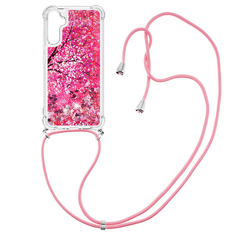 Custodia Silicone Cover Morbida Bling-Bling con Cinghia Cordino Mano YB2 per Samsung Galaxy A34 5G Rosa Caldo