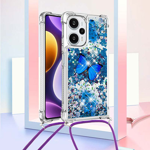 Custodia Silicone Cover Morbida Bling-Bling con Cinghia Cordino Mano YB2 per Xiaomi Poco F5 5G Blu