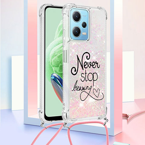 Custodia Silicone Cover Morbida Bling-Bling con Cinghia Cordino Mano YB2 per Xiaomi Redmi Note 12 5G Rosa