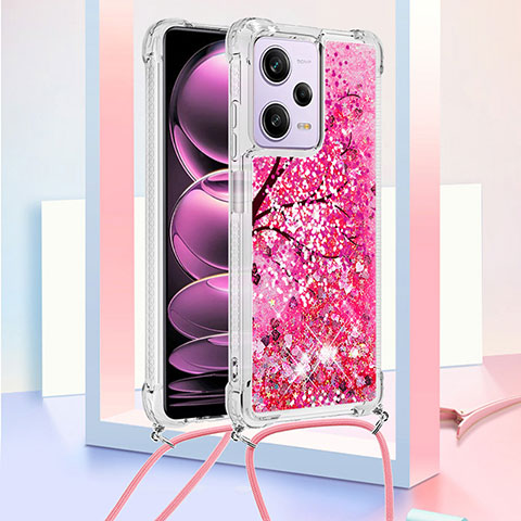 Custodia Silicone Cover Morbida Bling-Bling con Cinghia Cordino Mano YB2 per Xiaomi Redmi Note 12 Pro 5G Rosa Caldo