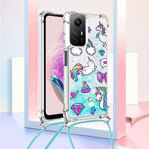 Custodia Silicone Cover Morbida Bling-Bling con Cinghia Cordino Mano YB2 per Xiaomi Redmi Note 12S Cielo Blu