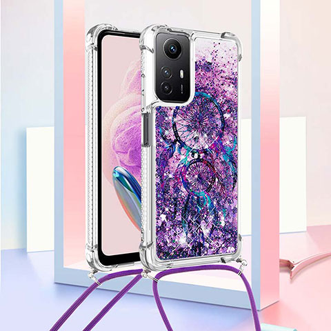 Custodia Silicone Cover Morbida Bling-Bling con Cinghia Cordino Mano YB2 per Xiaomi Redmi Note 12S Viola