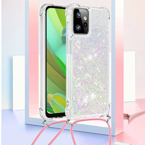 Custodia Silicone Cover Morbida Bling-Bling con Cinghia Cordino Mano YB3 per Motorola Moto G Power 5G (2023) Argento