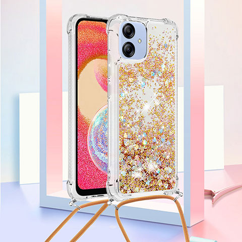 Custodia Silicone Cover Morbida Bling-Bling con Cinghia Cordino Mano YB3 per Samsung Galaxy A04 4G Oro